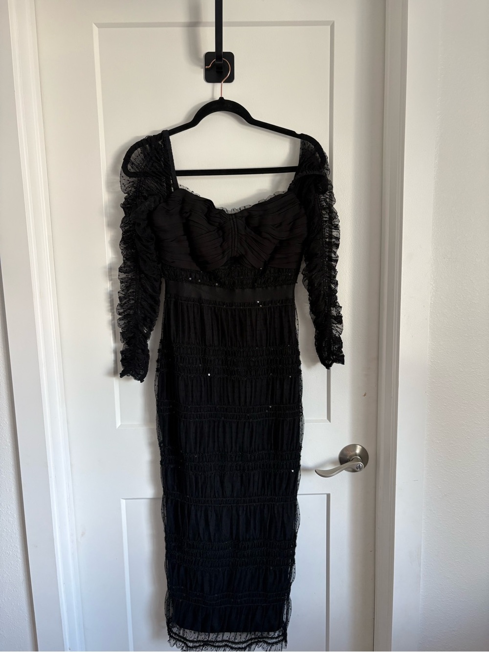 Self-Portrait Black Ruched Lace Midi Dress
